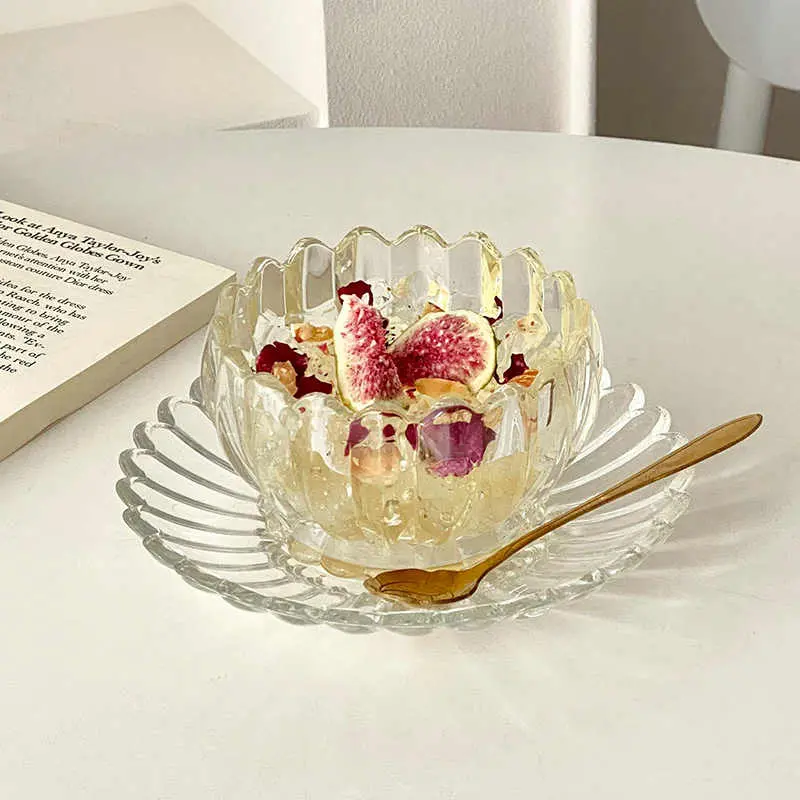 Glass Dessert Bowls Dishes Spoons Set Delicate Fruit Yogurt Bowl Snack Plate Household Flower Tea Bowl Afternoon Tea Utensils