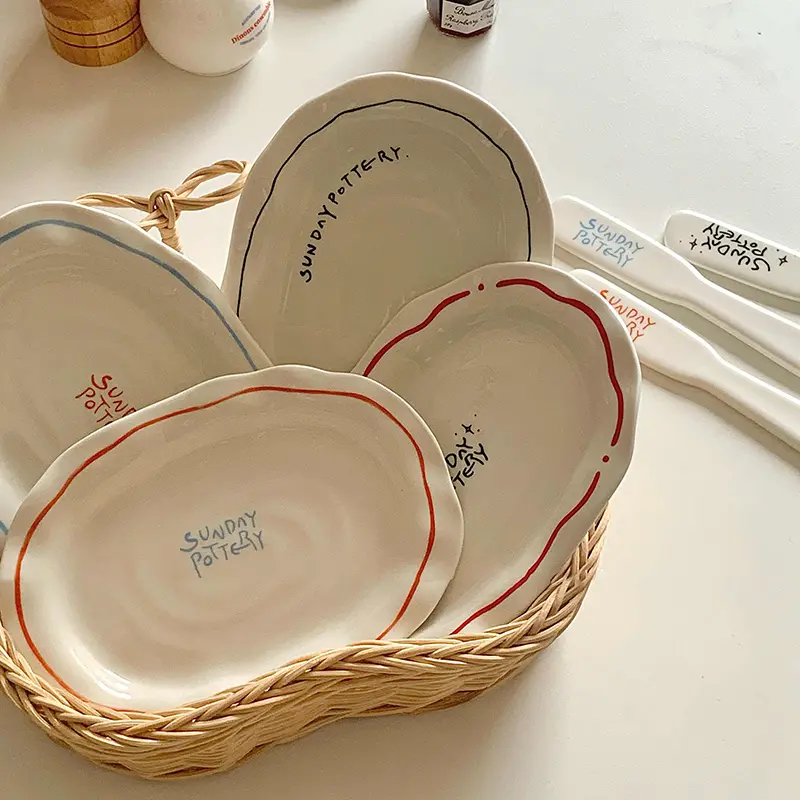 Ceramic Oval Dessert Plate Irregular Retro Letter Print Pastry Disc Butter Knife Korean Breakfast Plate Tableware