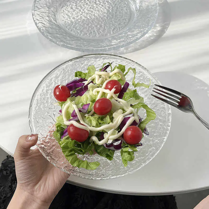 Glacier Pattern Glass Round Fruit Plate Household Dessert Salad Cake Disc Simple Dinner Tray Dessert Dish