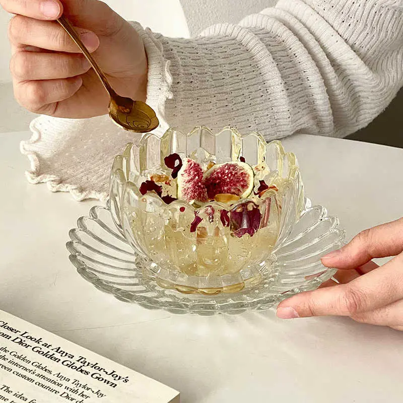 Glass Dessert Bowls Dishes Spoons Set Delicate Fruit Yogurt Bowl Snack Plate Household Flower Tea Bowl Afternoon Tea Utensils