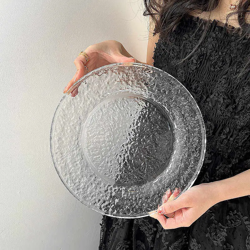 Glacier Pattern Glass Round Fruit Plate Household Dessert Salad Cake Disc Simple Dinner Tray Dessert Dish