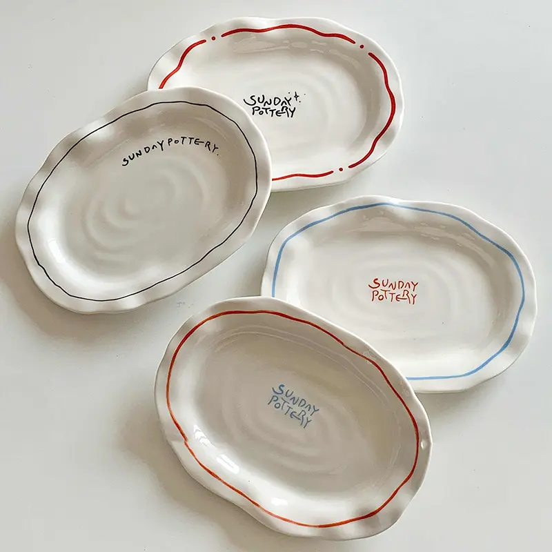 Ceramic Oval Dessert Plate Irregular Retro Letter Print Pastry Disc Butter Knife Korean Breakfast Plate Tableware