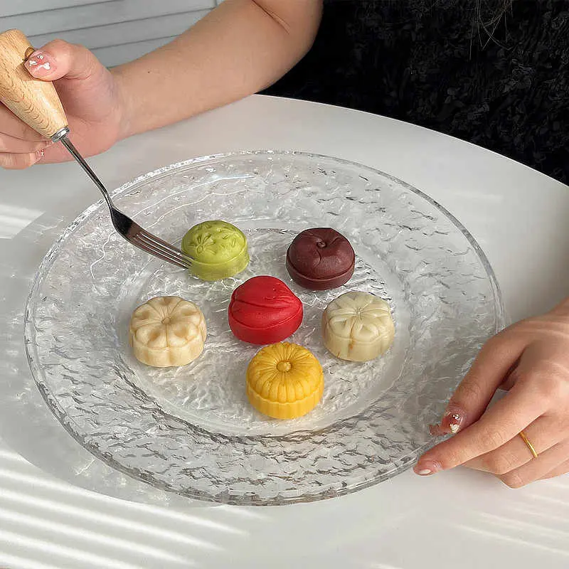 Glacier Pattern Glass Round Fruit Plate Household Dessert Salad Cake Disc Simple Dinner Tray Dessert Dish