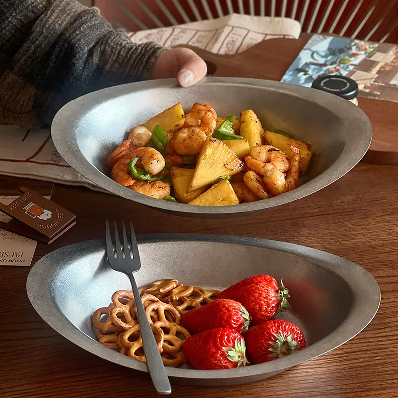 Vintage Frosted 304 Stainless Steel Plates Restaurant Western Foods Oval Plate American-style Curry Pasta Salad Plate Tableware