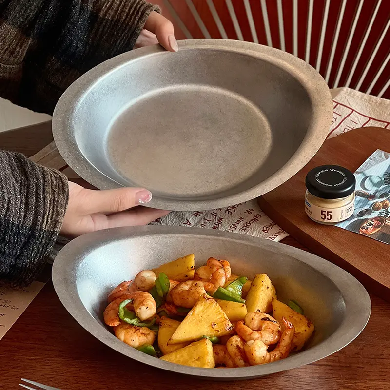 Vintage Frosted 304 Stainless Steel Plates Restaurant Western Foods Oval Plate American-style Curry Pasta Salad Plate Tableware
