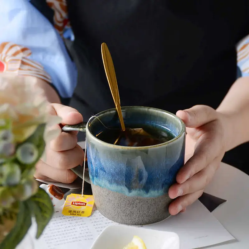 350ml Japanese Kiln Change Glaze Rough Pottery Mug With Spoon Retro Ceramic Mugs Home Breakfast Milk Cup Coffee Cups