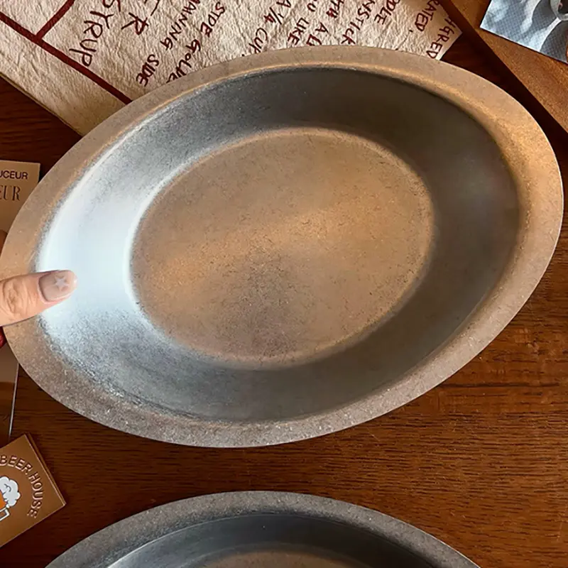 Vintage Frosted 304 Stainless Steel Plates Restaurant Western Foods Oval Plate American-style Curry Pasta Salad Plate Tableware
