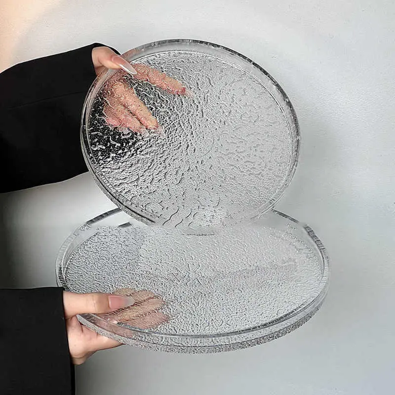 Simple Transparent Glacier Pattern Dessert Plate Round Coffee Shop Cake Dish Steak Western Food Plates Afternoon Tea Snack Disc