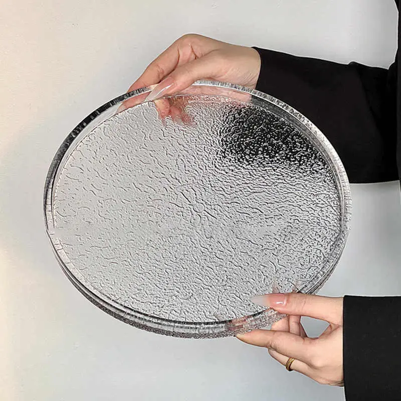 Simple Transparent Glacier Pattern Dessert Plate Round Coffee Shop Cake Dish Steak Western Food Plates Afternoon Tea Snack Disc