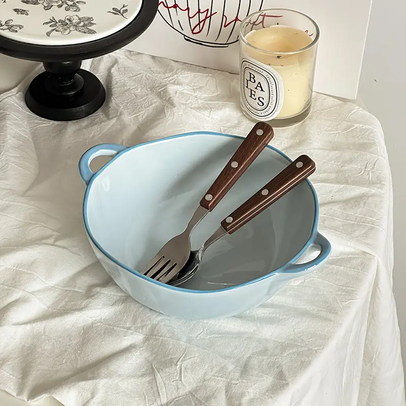 Irregular Binaural Bowl Exquisite Ceramic Fruit Salad Bowl Breakfast Soup Bowl Household Noodles Bowl Cute Tableware Gift