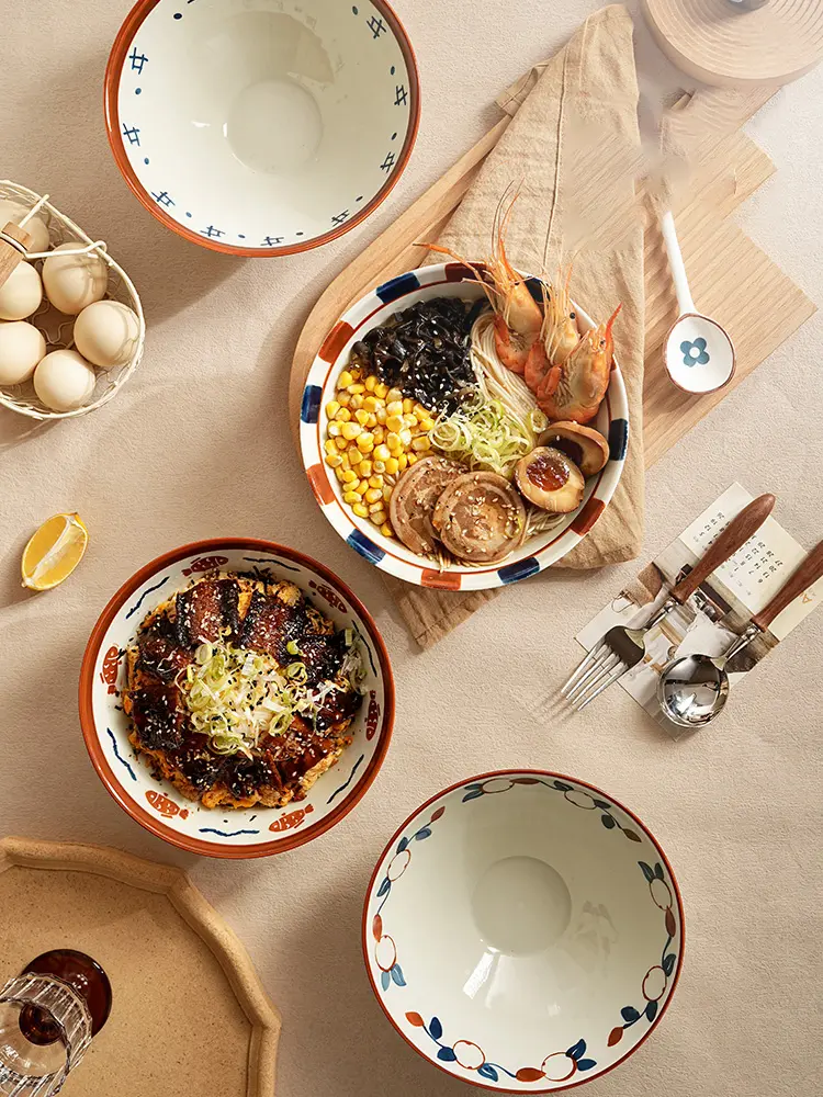 Japanese Retro Ramen Bowl Underglaze Ceramic Soup Bowl Household Fruit Salad Bowl Tableware Noodle Bowl