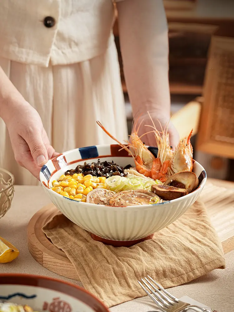 Japanese Retro Ramen Bowl Underglaze Ceramic Soup Bowl Household Fruit Salad Bowl Tableware Noodle Bowl