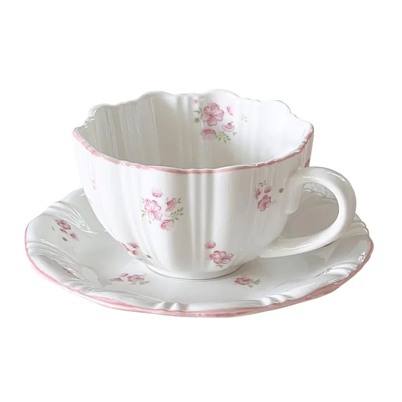 300ml Floral Print Coffee Cup And Saucer Delicate Relief Ceramic Breakfast Milk Cups Pastry Plate Afternoon Tea Drinkware Gift
