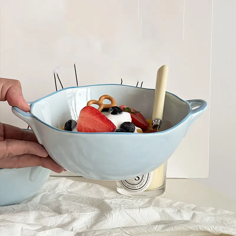 Irregular Binaural Bowl Exquisite Ceramic Fruit Salad Bowl Breakfast Soup Bowl Household Noodles Bowl Cute Tableware Gift