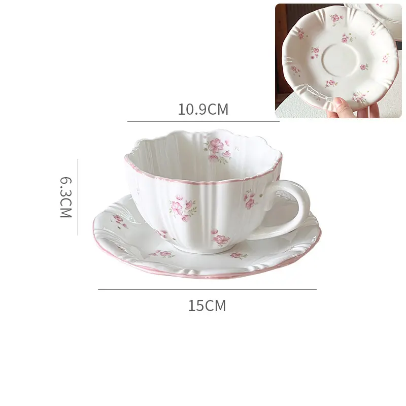 300ml Floral Print Coffee Cup And Saucer Delicate Relief Ceramic Breakfast Milk Cups Pastry Plate Afternoon Tea Drinkware Gift