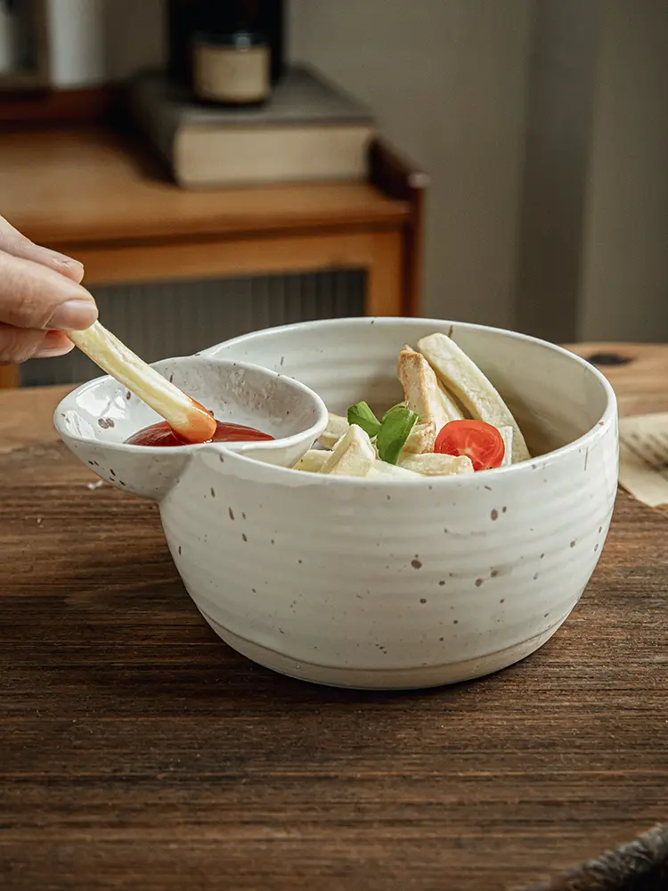 Creative Ceramic French Fries Bowl With Dipping Saucer Household Snack Divided Bowl Restaurant Tableware Fruit Salad Bowl