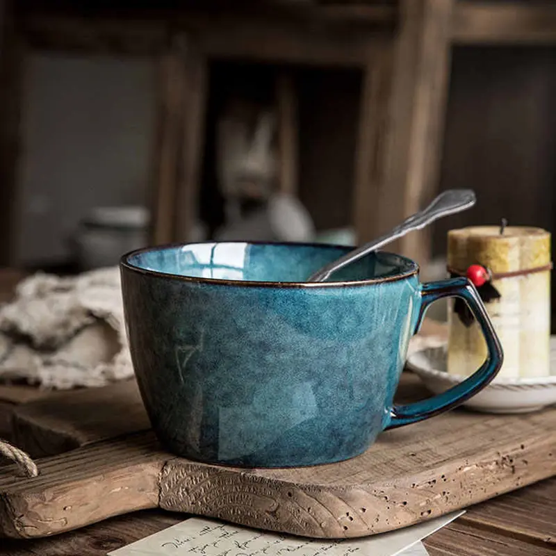 650ml Retro Blue Ceramic Mug Home Large Capacity Coffee Mugs Classic Breakfast Milk Oatmeal Cup Drink Utensil