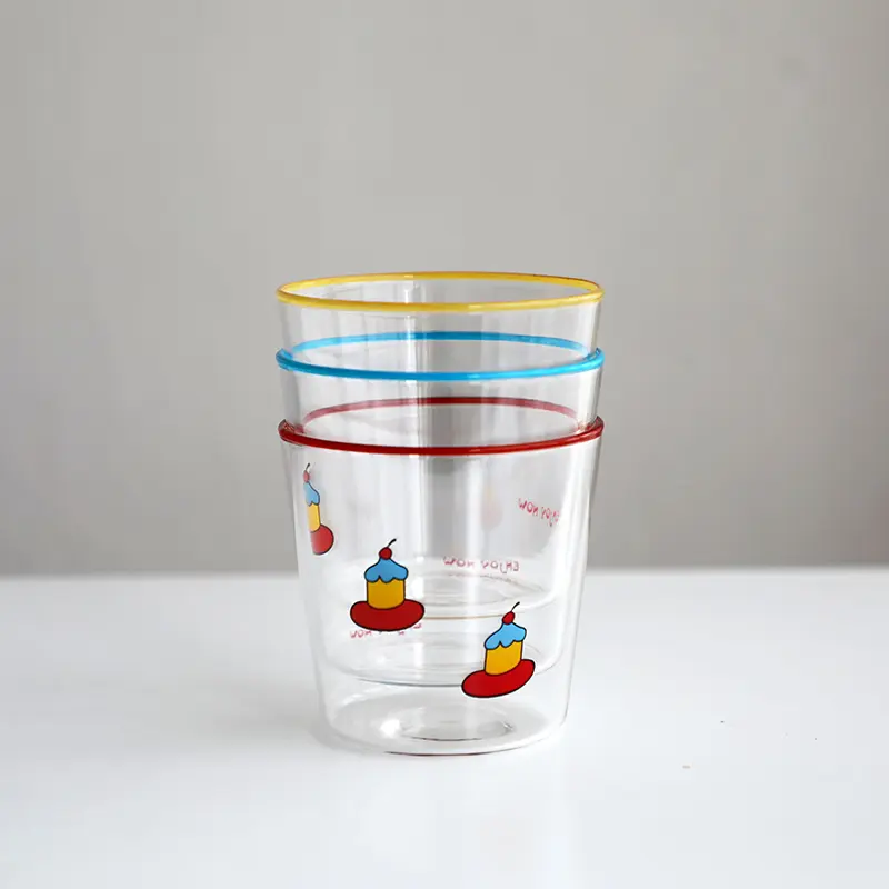 Colourful Rimmed Glass Cup Household High Temperature Resistant Milk Juice Coffee Cups Cute Cake Pattern Drink Cup Gift