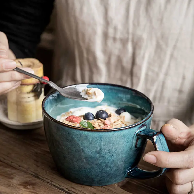 650ml Retro Blue Ceramic Mug Home Large Capacity Coffee Mugs Classic Breakfast Milk Oatmeal Cup Drink Utensil