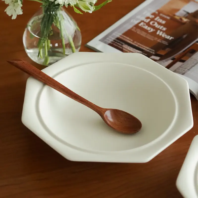 Octagonal Soup Deep Plates Matte White Creative Designed Ceramic Kitchen Tableware High Quality Durable Home Party Dish