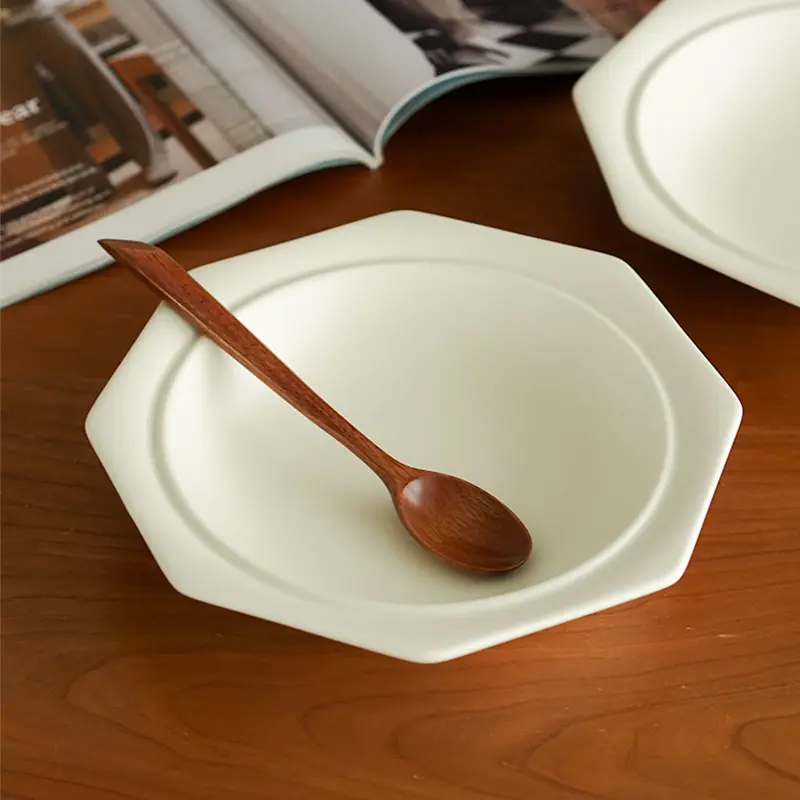 Octagonal Soup Deep Plates Matte White Creative Designed Ceramic Kitchen Tableware High Quality Durable Home Party Dish