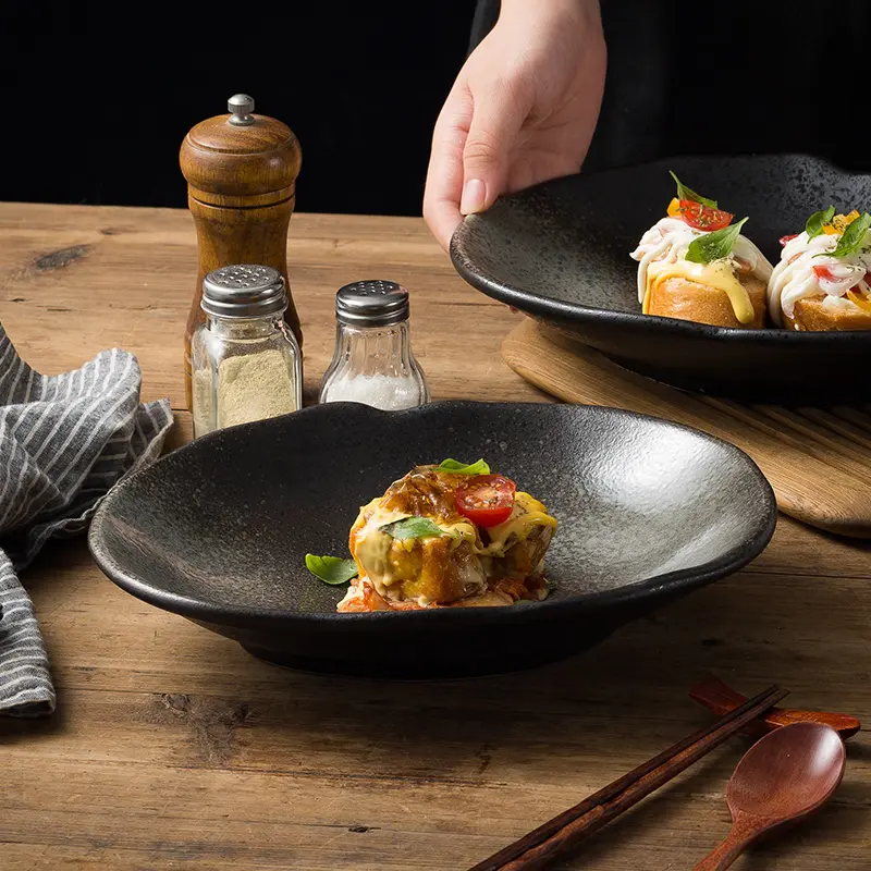 Household Restaurant Simple Style Plates Black Color High-end Irregular Dinner Plate Vintage Ceramic Kiln Transformed Deep Dish