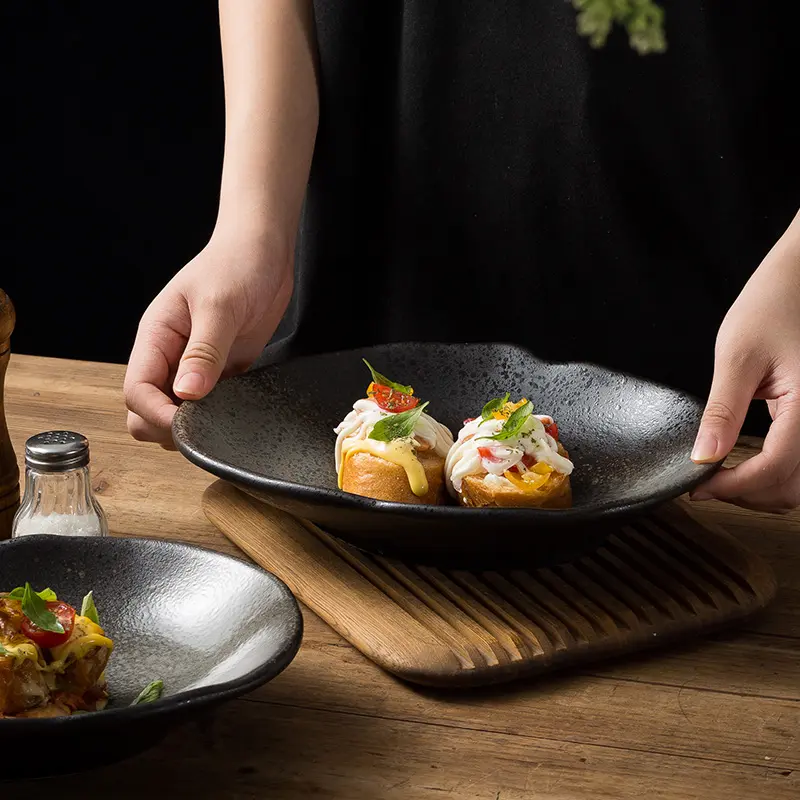 Household Restaurant Simple Style Plates Black Color High-end Irregular Dinner Plate Vintage Ceramic Kiln Transformed Deep Dish