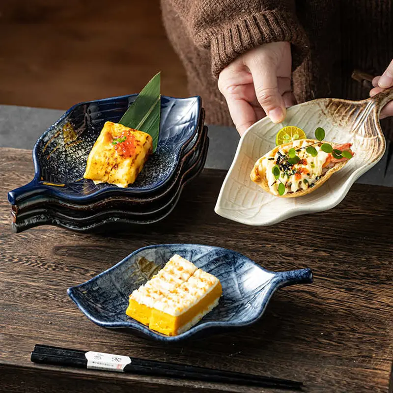 Ceramic Leaf-shaped Sushi Plate Japanese Underglaze Dessert Salad Dish Hotel Restaurant Pastry Disc Tableware