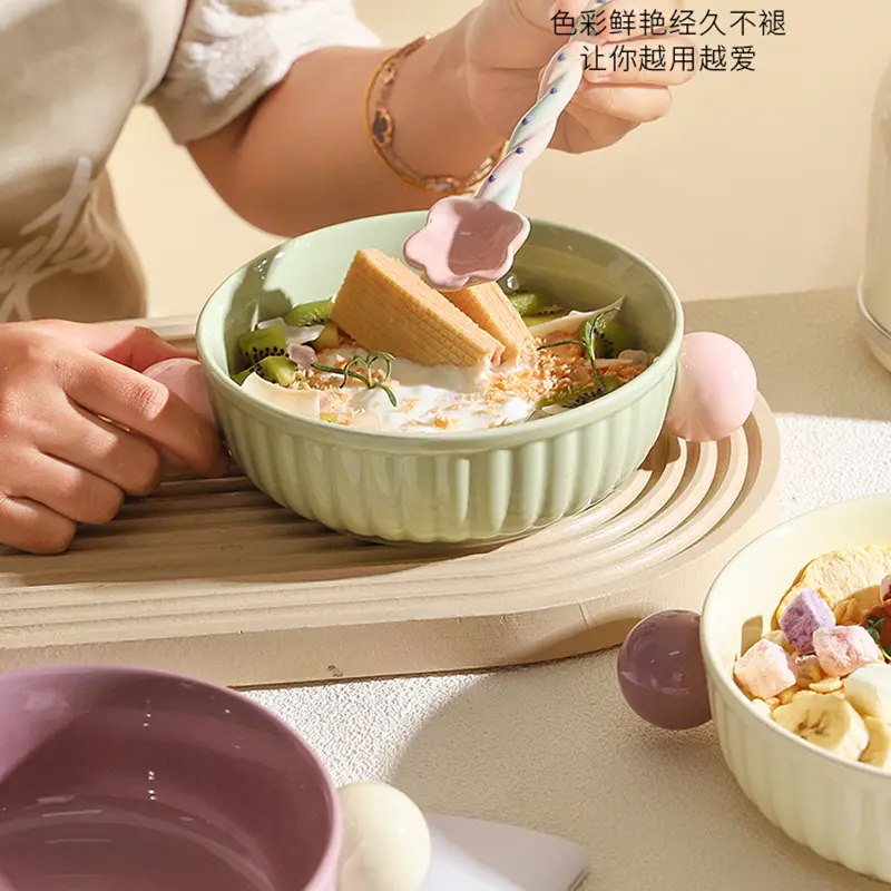 Creative Yoghurt Dessert Bowl Household Ceramic Breakfast Oatmeal Bowl Contrast Colour Binaural Fruit Tableware