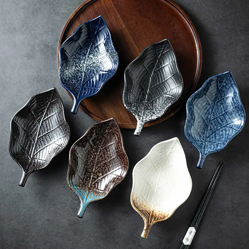 Ceramic Leaf-shaped Sushi Plate Japanese Underglaze Dessert Salad Dish Hotel Restaurant Pastry Disc Tableware
