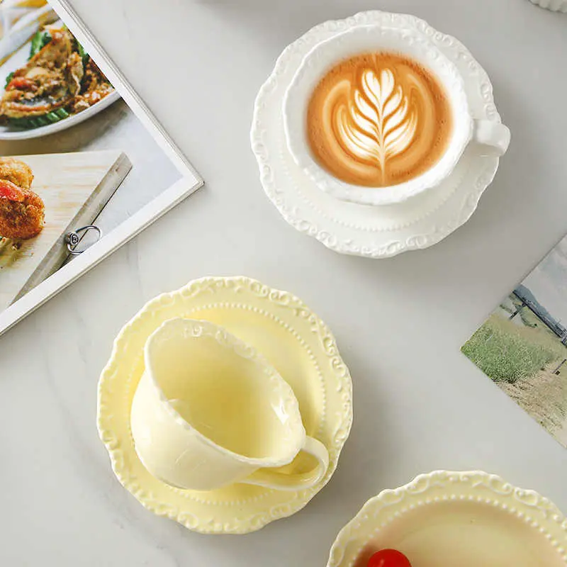 French Embossed Coffee Cups Saucers 220 Ml Exquisite Afternoon Tea Drinkware Solid Colour Household Breakfast Mug Snack Plates