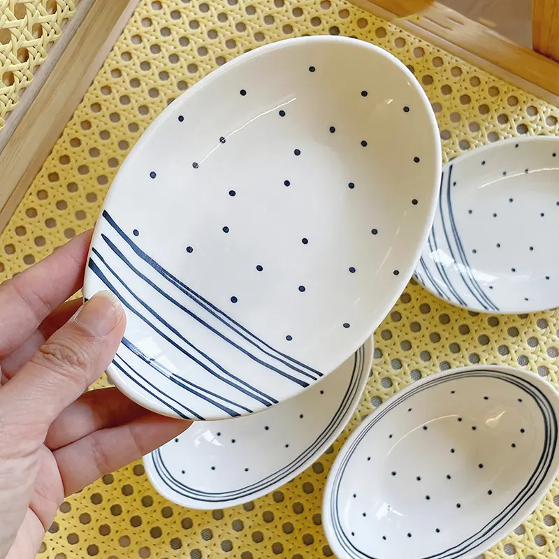 Polka Dot Striped Oval Dish Cute Retro Ceramic Disc Home Kimchi Small Plate Sushi Sashimi Dip Saucer Breakfast Fruit Bowl