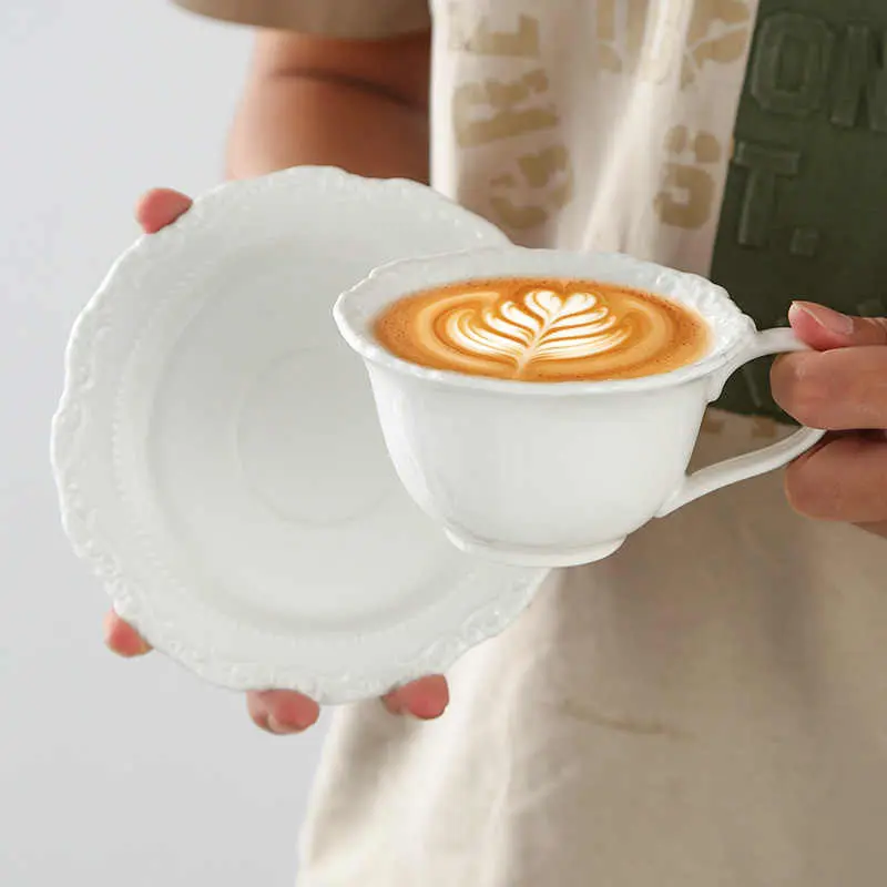 French Embossed Coffee Cups Saucers 220 Ml Exquisite Afternoon Tea Drinkware Solid Colour Household Breakfast Mug Snack Plates