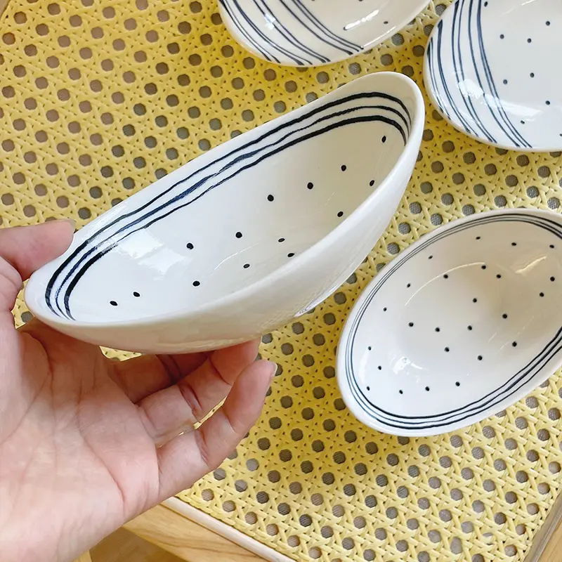 Polka Dot Striped Oval Dish Cute Retro Ceramic Disc Home Kimchi Small Plate Sushi Sashimi Dip Saucer Breakfast Fruit Bowl