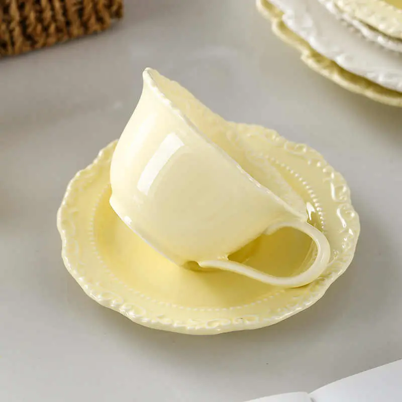 French Embossed Coffee Cups Saucers 220 Ml Exquisite Afternoon Tea Drinkware Solid Colour Household Breakfast Mug Snack Plates