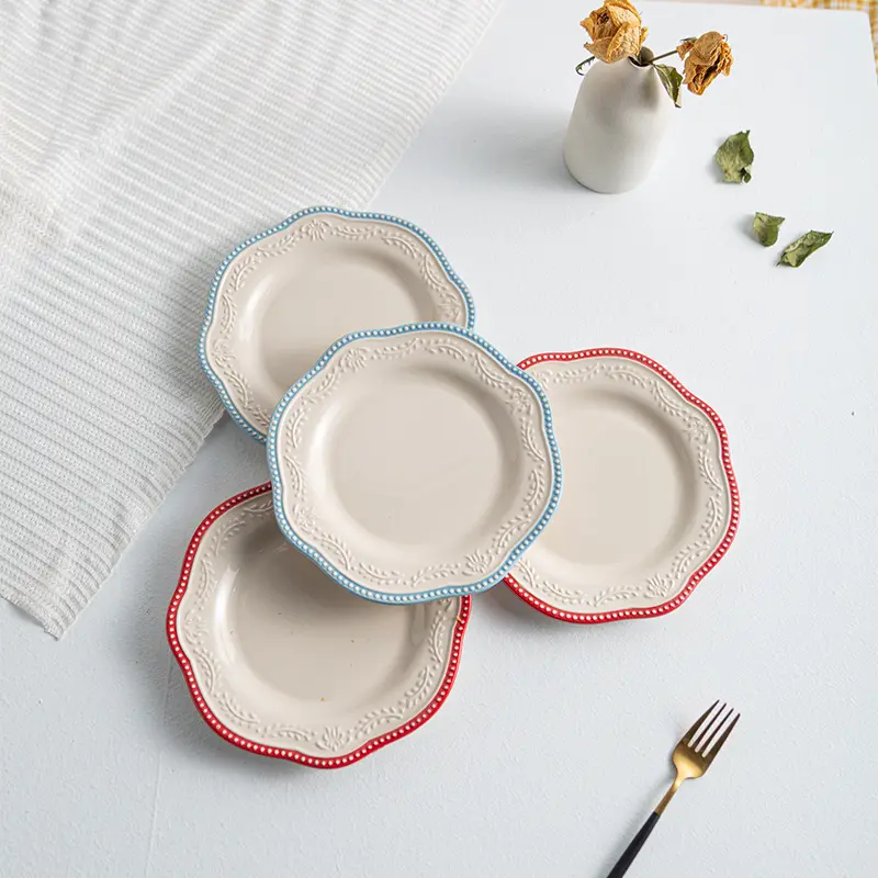 French Relief Ceramic Plate Vintage Irregular Lace Flat Dish Western Food Plates Breakfast Dessert Tray 22cm
