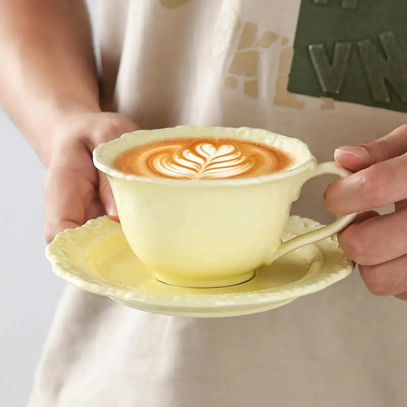 French Embossed Coffee Cups Saucers 220 Ml Exquisite Afternoon Tea Drinkware Solid Colour Household Breakfast Mug Snack Plates
