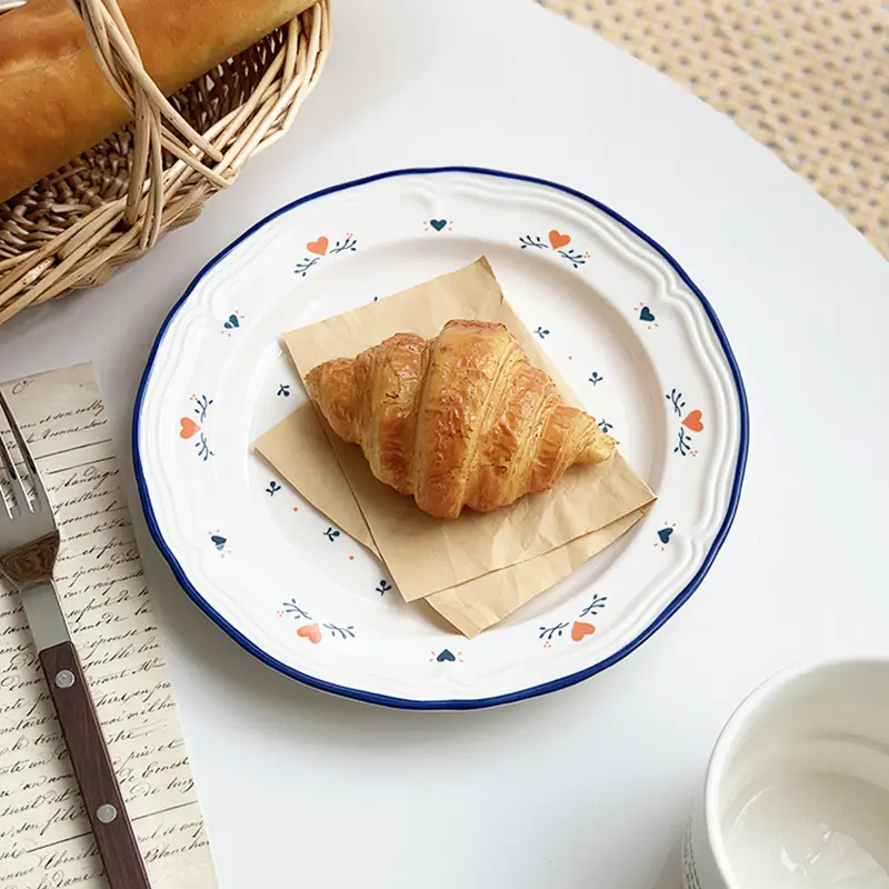 Korean-style Floral Pattern Ceramic Plate Lace Embossed Cake Plates Household Dessert Snack Dish Kitchen Tableware