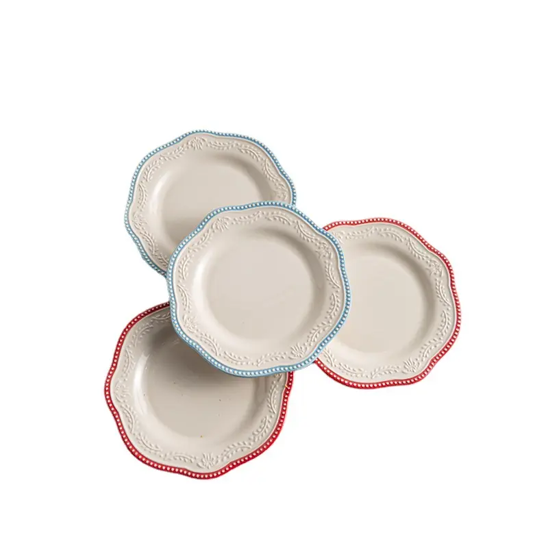 French Relief Ceramic Plate Vintage Irregular Lace Flat Dish Western Food Plates Breakfast Dessert Tray 22cm