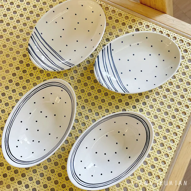 Polka Dot Striped Oval Dish Cute Retro Ceramic Disc Home Kimchi Small Plate Sushi Sashimi Dip Saucer Breakfast Fruit Bowl