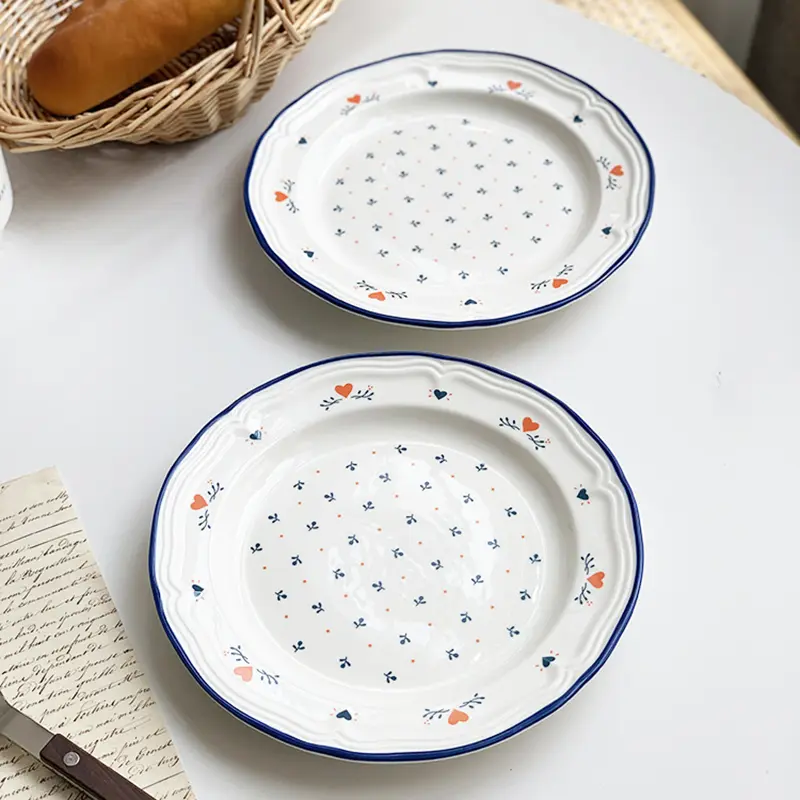 Korean-style Floral Pattern Ceramic Plate Lace Embossed Cake Plates Household Dessert Snack Dish Kitchen Tableware