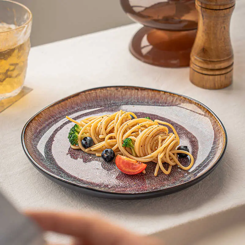 European Vintage Ceramic Flat Plate Household Spaghetti Plates Western Food Disc Irregular Dessert Dish Tableware