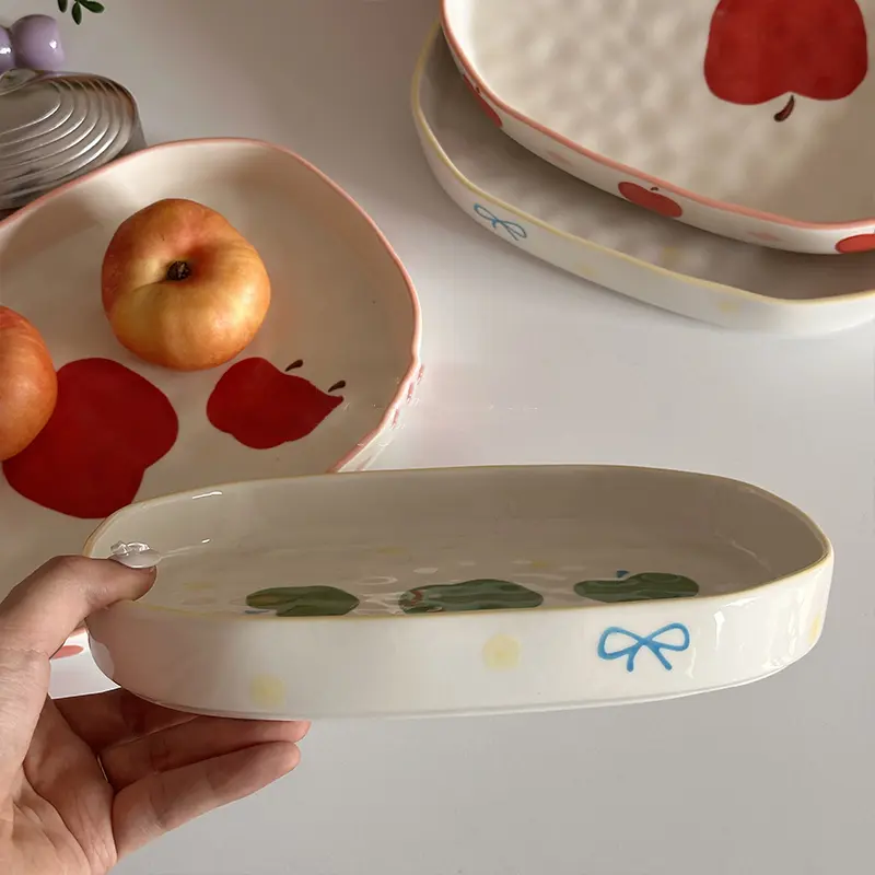 Underglaze Ceramic Oval Plate Apple Printing Western Steak Spaghetti Plates Household Cute Breakfast Pastry Dish Tableware