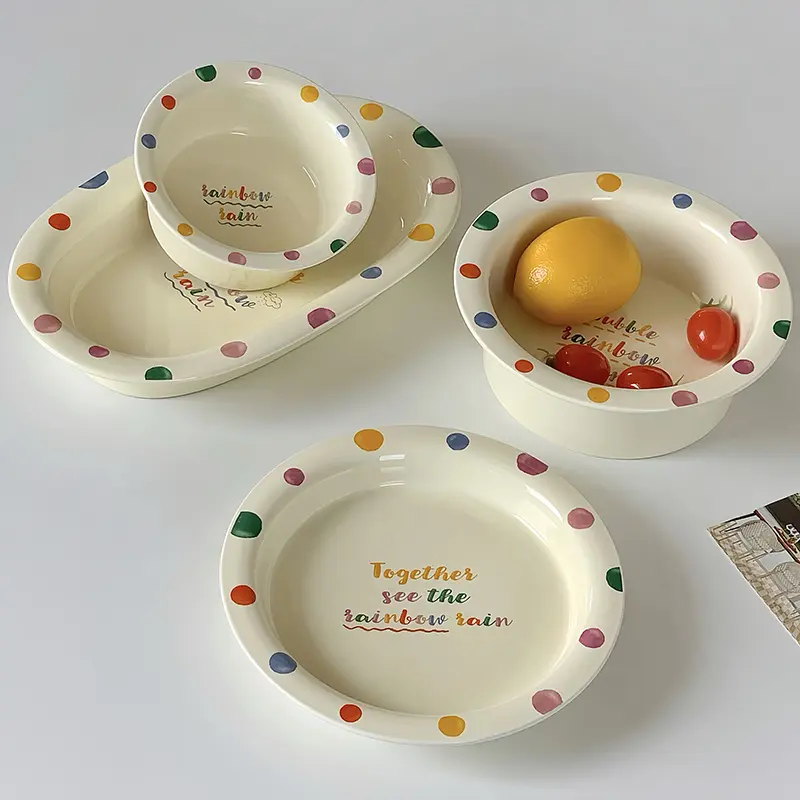 Cute Creamy Polka Dot Ceramic Round Disc Letter Pattern Creative Oval Plates Breakfast Oatmeal Dessert Yogurt Bowls