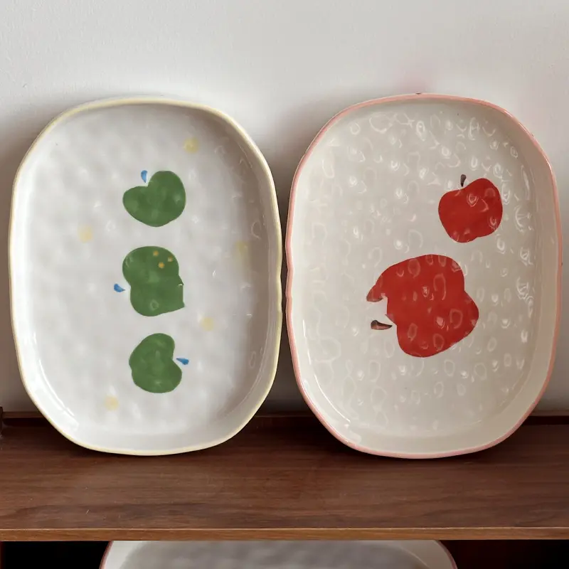 Underglaze Ceramic Oval Plate Apple Printing Western Steak Spaghetti Plates Household Cute Breakfast Pastry Dish Tableware