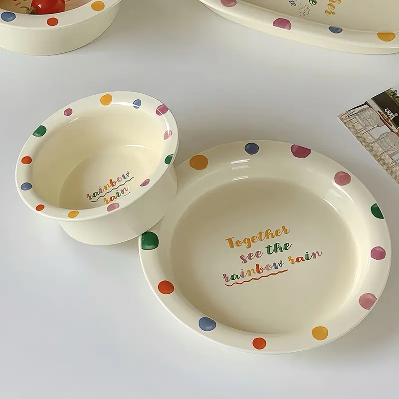 Cute Creamy Polka Dot Ceramic Round Disc Letter Pattern Creative Oval Plates Breakfast Oatmeal Dessert Yogurt Bowls