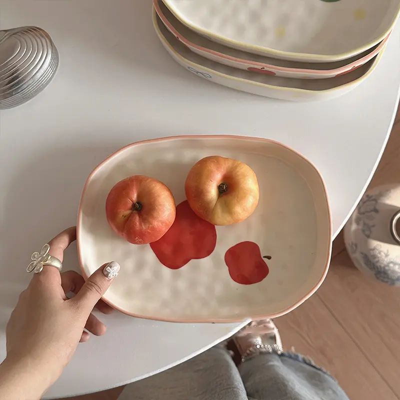 Underglaze Ceramic Oval Plate Apple Printing Western Steak Spaghetti Plates Household Cute Breakfast Pastry Dish Tableware