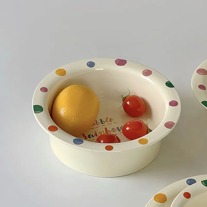 Cute Creamy Polka Dot Ceramic Round Disc Letter Pattern Creative Oval Plates Breakfast Oatmeal Dessert Yogurt Bowls