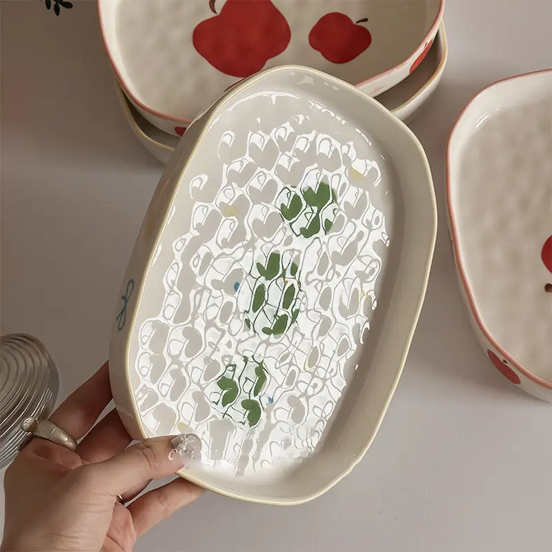 Underglaze Ceramic Oval Plate Apple Printing Western Steak Spaghetti Plates Household Cute Breakfast Pastry Dish Tableware