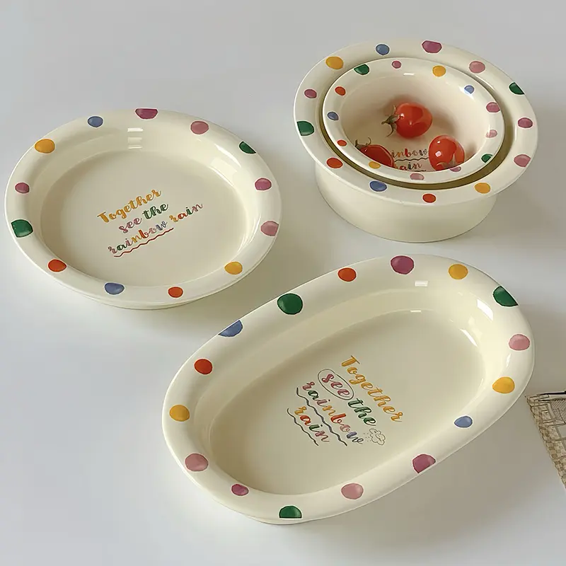 Cute Creamy Polka Dot Ceramic Round Disc Letter Pattern Creative Oval Plates Breakfast Oatmeal Dessert Yogurt Bowls